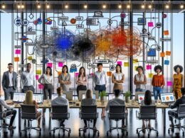 Marketing-Team arbeitet fokussiert vor transparenten Bildschirmen mit farbigen Workflow-Diagrammen, die Marketingautomatisierung und Datenaustausch in einem modernen, technologiegetriebenen Büro zeigen.