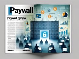 Modernes Magazin-Cover mit digitaler Paywall, schemenhaften Menschen, digitalen Symbolen und Datendiagrammen im Stil des 404 Magazine.
