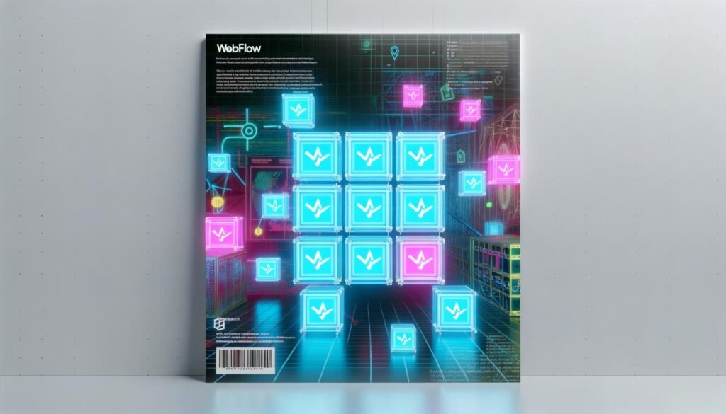 Modernes, futuristisches Schaufenster mit leuchtenden NFT-Kunstwerken, Webflow-Branding, UI-Elementen und Blockchain-Muster in weiß-blauem Neonfarbschema.