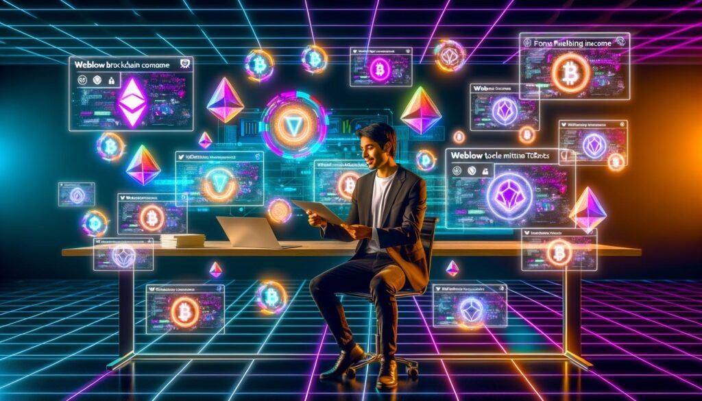 Junger Unternehmer an einem modernen, neonbeleuchteten Arbeitsplatz mit Webflow-Dashboard, NFT-Handel, Blockchain-Hologrammen und Symbolen von MetaMask, Thirdweb und Zahlungs-Gateways.