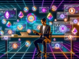 Junger Unternehmer an einem modernen, neonbeleuchteten Arbeitsplatz mit Webflow-Dashboard, NFT-Handel, Blockchain-Hologrammen und Symbolen von MetaMask, Thirdweb und Zahlungs-Gateways.