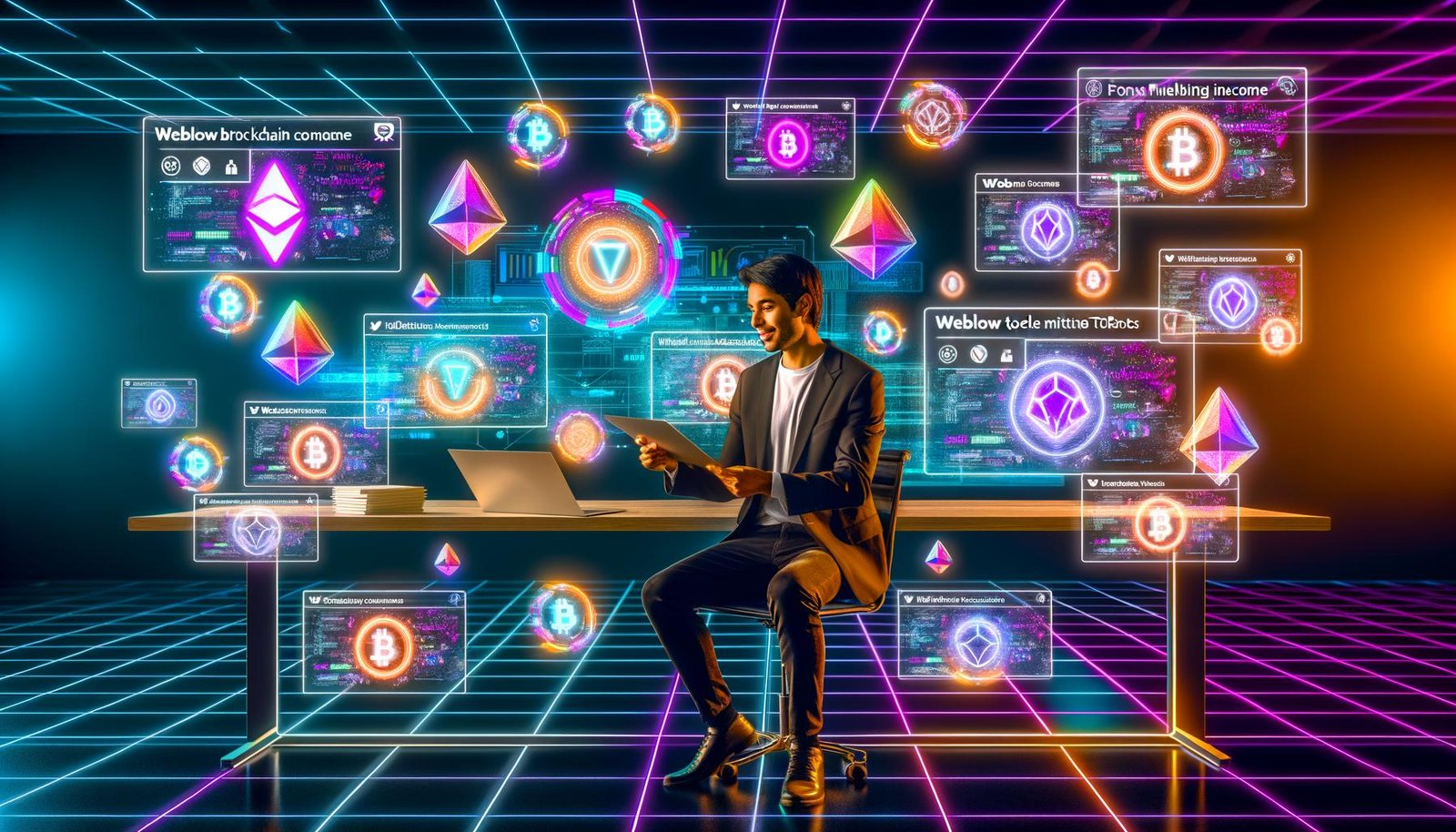 Junger Unternehmer an einem modernen, neonbeleuchteten Arbeitsplatz mit Webflow-Dashboard, NFT-Handel, Blockchain-Hologrammen und Symbolen von MetaMask, Thirdweb und Zahlungs-Gateways.