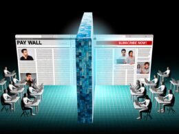 Symbolische Darstellung einer mächtigen, glänzenden Paywall im Internet. Frustrierte User vor gesperrten Artikeln und entspannte Abonnenten mit exklusivem Zugang zu Nachrichteninhalten.