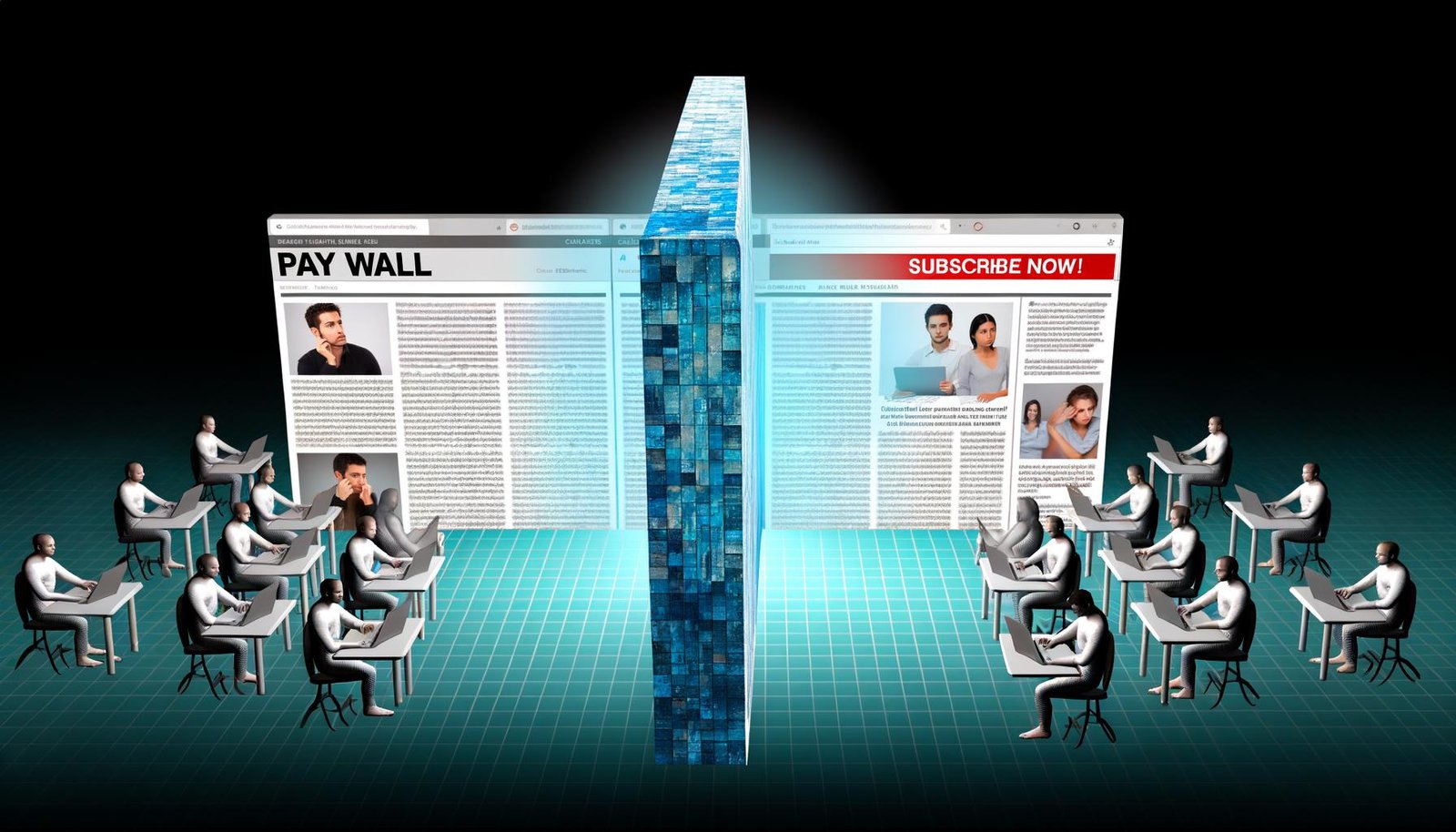 Symbolische Darstellung einer mächtigen, glänzenden Paywall im Internet. Frustrierte User vor gesperrten Artikeln und entspannte Abonnenten mit exklusivem Zugang zu Nachrichteninhalten.