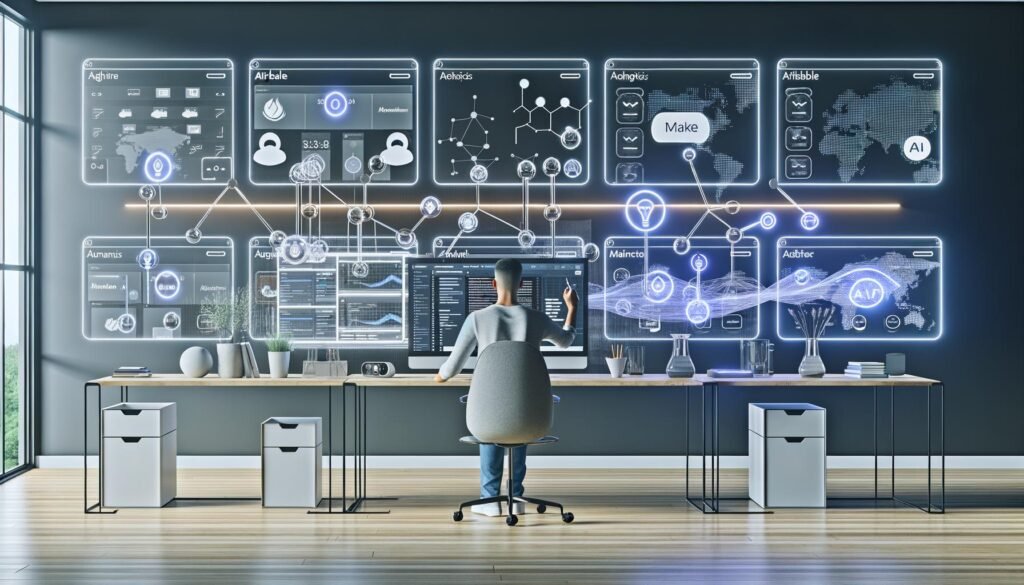 Futuristisches, minimalistisches Home-Office mit großem Webflow-Dashboard, Automatisierungen, Analytics und moderner Technik. Diverser, geschlechtsneutraler Solopreneur im Mittelpunkt, umgeben von vernetzten Tools wie Airtable, Make, Zapier und Memberstack.