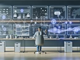 Futuristisches, minimalistisches Home-Office mit großem Webflow-Dashboard, Automatisierungen, Analytics und moderner Technik. Diverser, geschlechtsneutraler Solopreneur im Mittelpunkt, umgeben von vernetzten Tools wie Airtable, Make, Zapier und Memberstack.