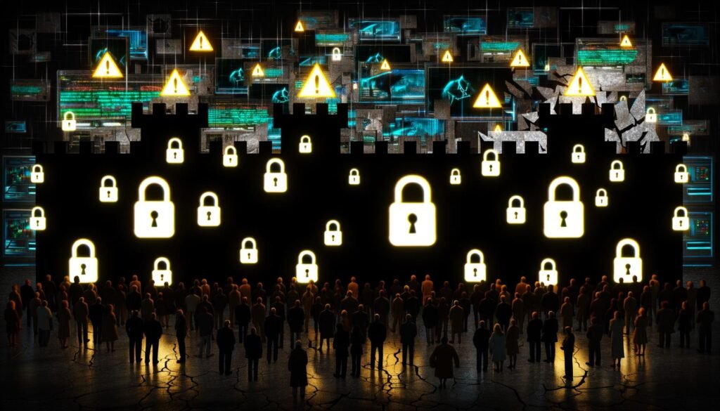 Metaphorisches Bild einer riesigen digitalen Festung mit Paywall-Symbolen, davor Menschen mit unterschiedlichen Zugangsprivilegien, im Hintergrund eine zersplitterte Stadt mit flackernden News-Tickern.