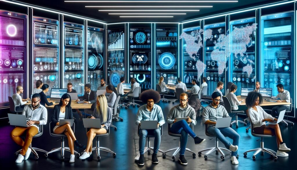 Modernes Maschinenraum-Büro mit Redakteuren an Laptops, umgeben von digitalen Datenströmen, KI-Dashboards, holografischen Content-Pipelines und leuchtenden Serverracks