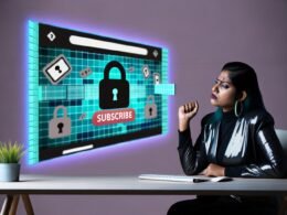 Illustration eines verärgerten Nutzers vor einem Computer, getrennt von Artikeltext durch eine digitale Paywall voller Schlösser, Abonnieren-Buttons und Warnsymbole