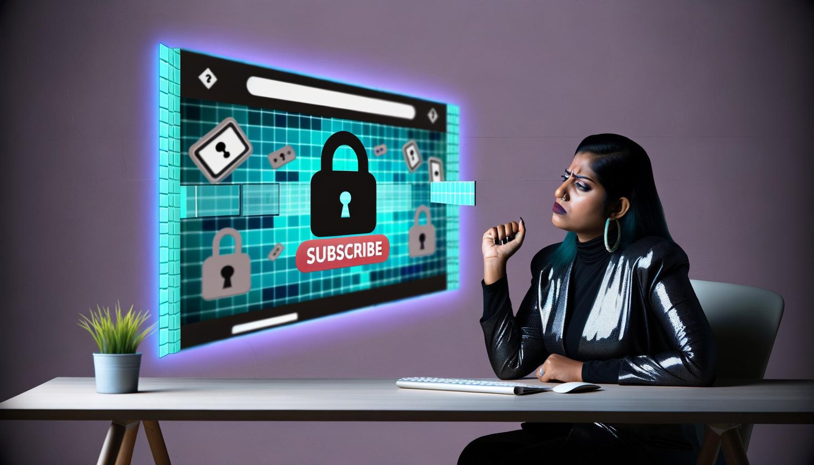 Illustration eines verärgerten Nutzers vor einem Computer, getrennt von Artikeltext durch eine digitale Paywall voller Schlösser, Abonnieren-Buttons und Warnsymbole