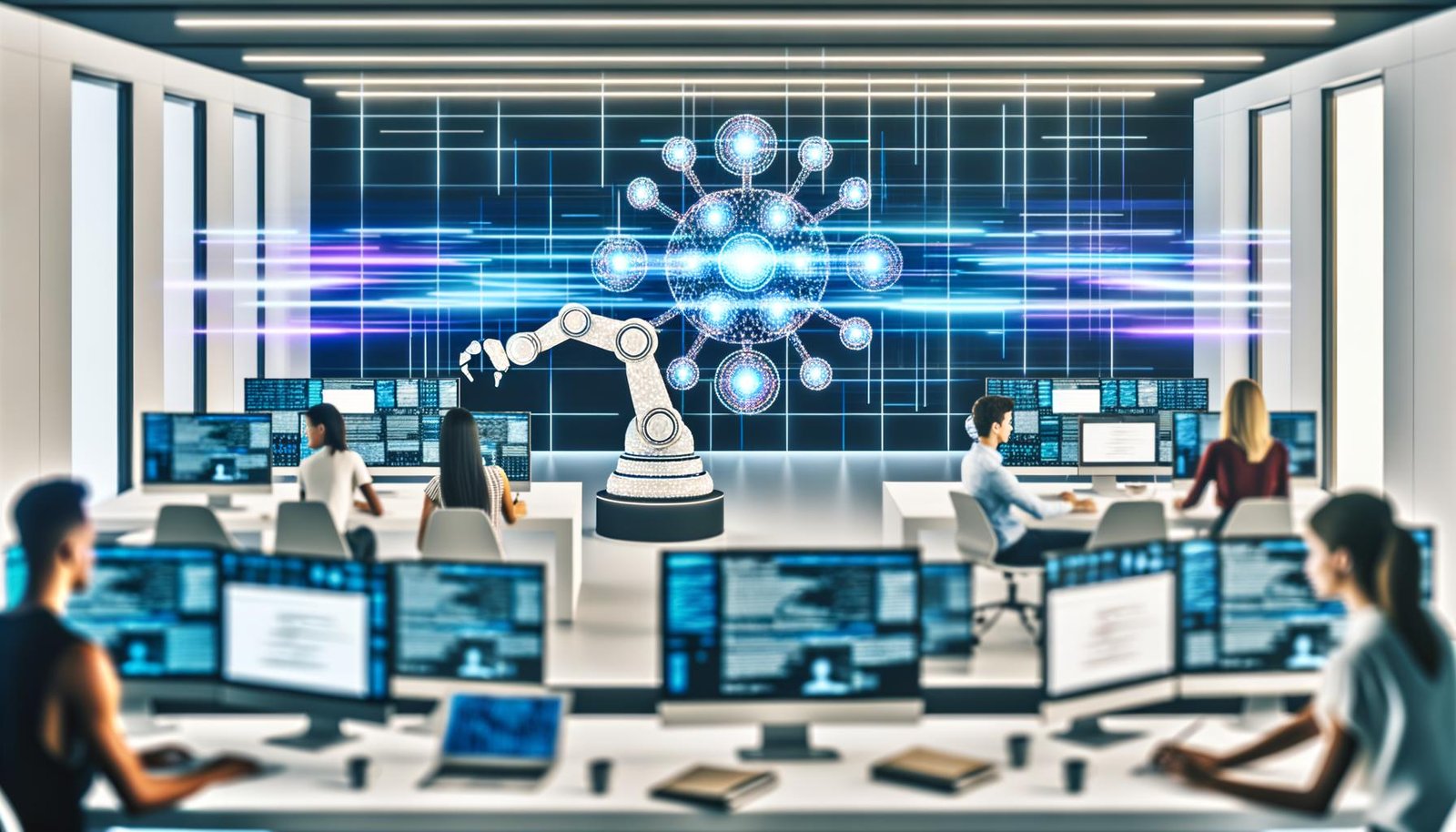 Offene Redaktion mit menschlichen Redakteuren, Roboterarm und großem Bildschirm mit neuronalen Netzwerken in moderner, digitaler Ästhetik.