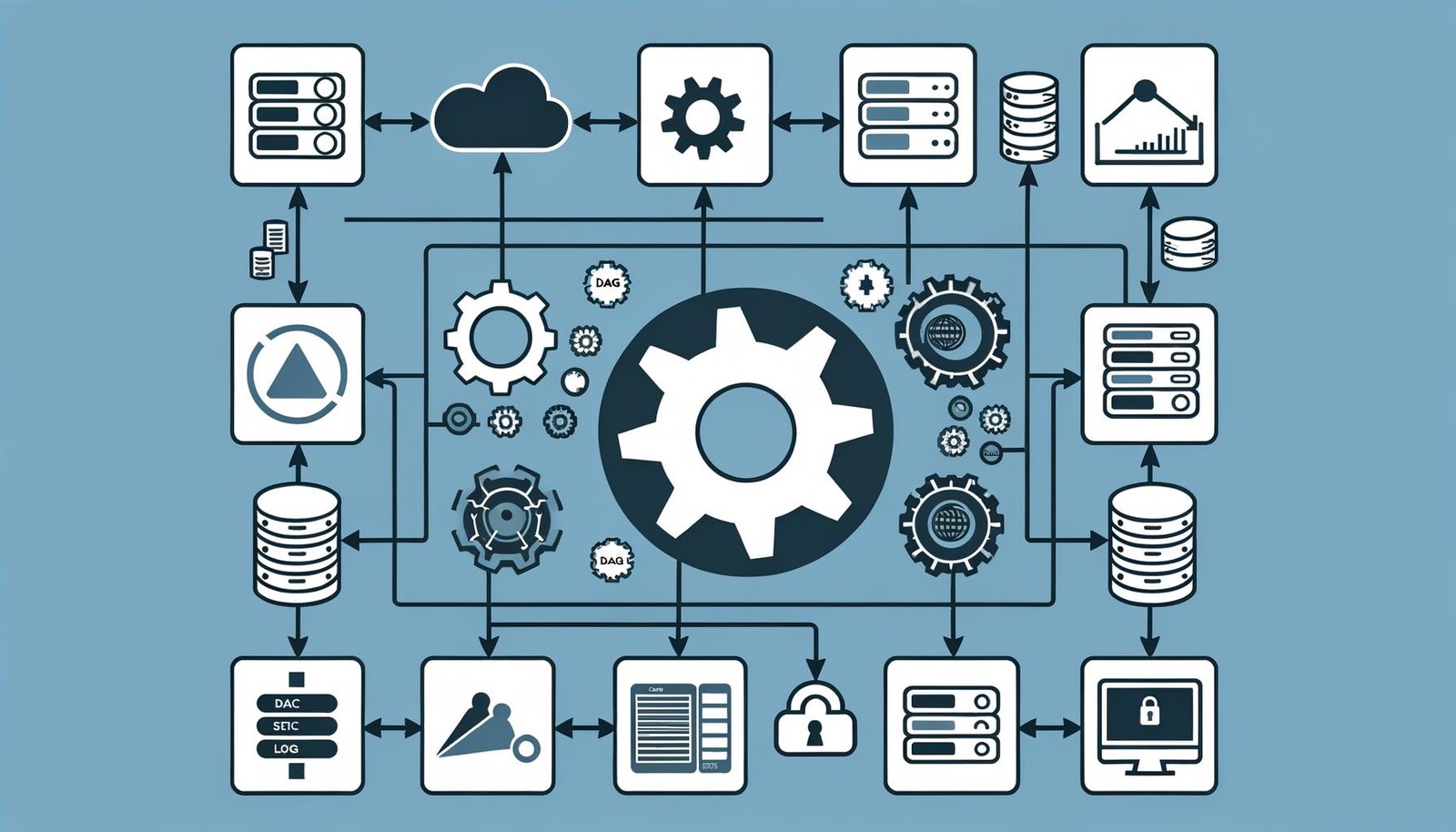 Illustration einer modernen Apache Airflow-Architektur mit Scheduler, DAG Parser, Metadatenbank, Workern, Webinterface, Cloud- und Monitoring-Symbolen.
