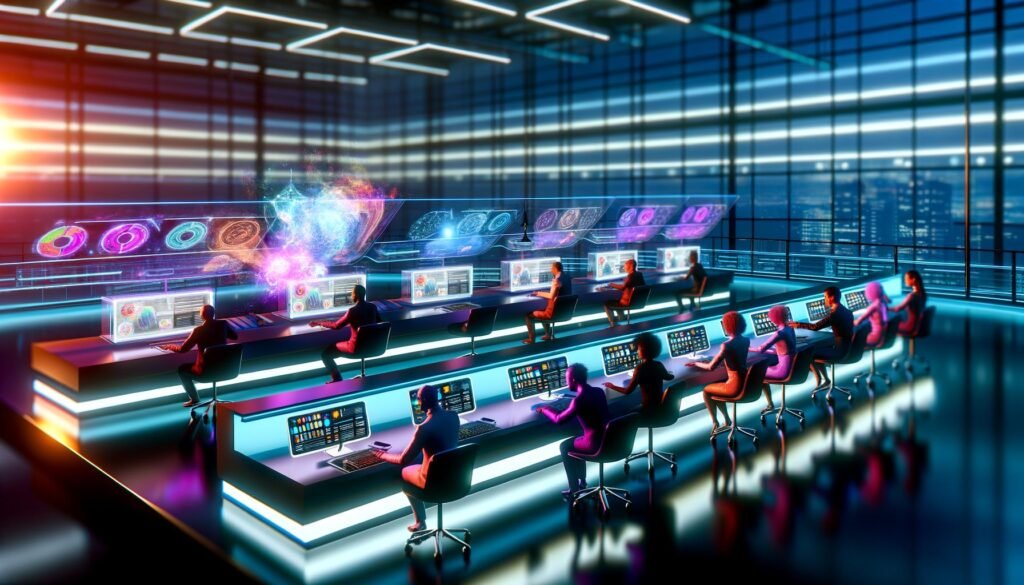 Futuristischer Newsroom mit Menschen und KI, die gemeinsam an holographischen Displays, Datenströmen und Sprachmodell-Interfaces an neuen Inhalten arbeiten.