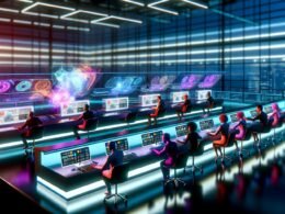 Futuristischer Newsroom mit Menschen und KI, die gemeinsam an holographischen Displays, Datenströmen und Sprachmodell-Interfaces an neuen Inhalten arbeiten.