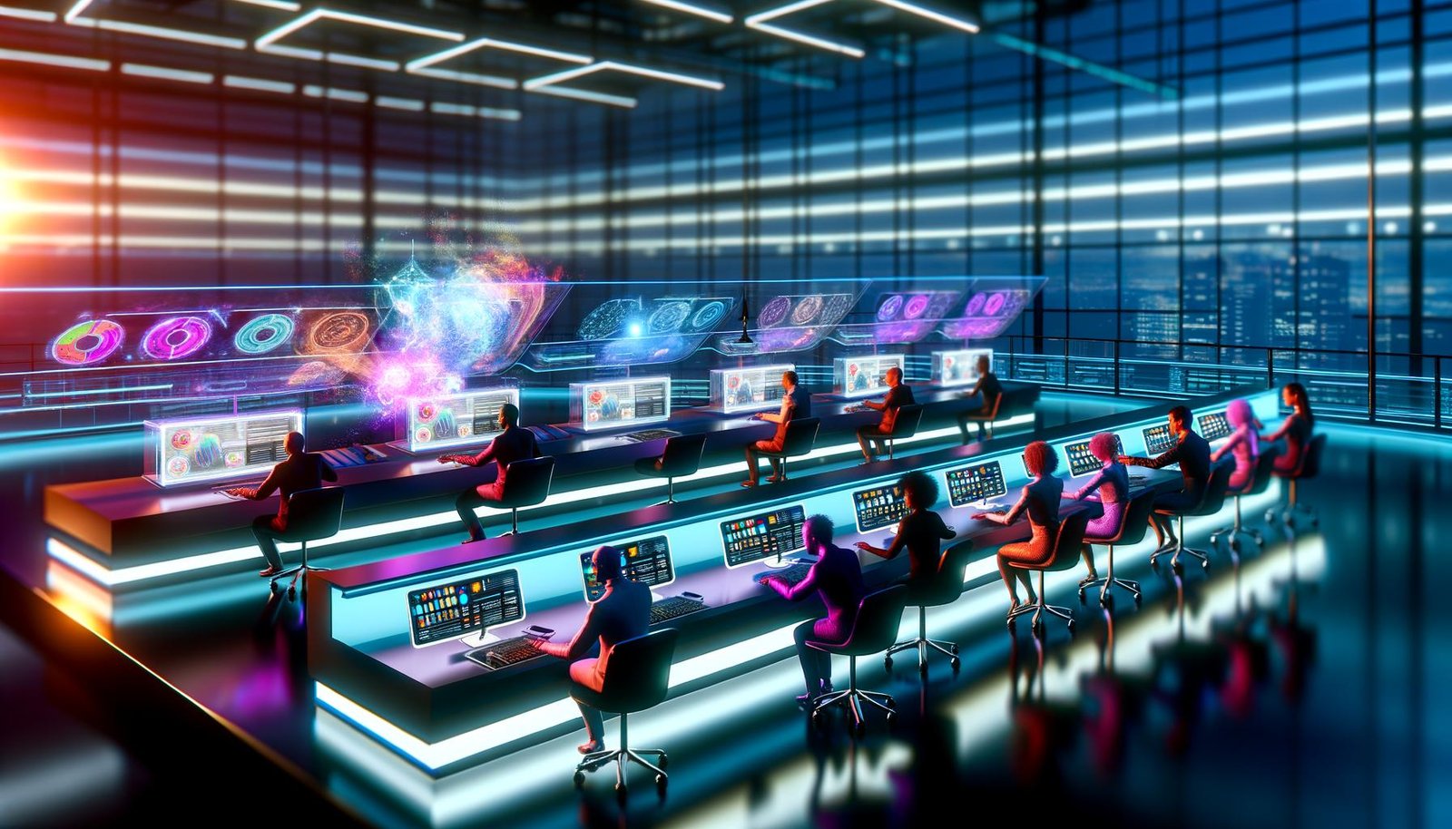 Futuristischer Newsroom mit Menschen und KI, die gemeinsam an holographischen Displays, Datenströmen und Sprachmodell-Interfaces an neuen Inhalten arbeiten.