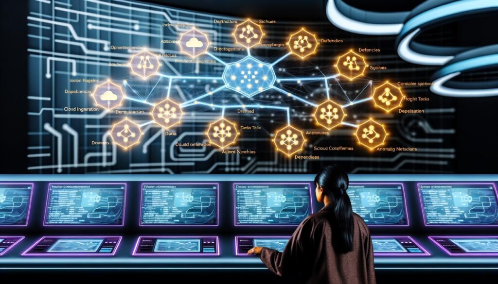 Ingenieur überwacht in einem futuristischen Kontrollraum digitale Workflows, dargestellt als leuchtende DAGs und virtuelle Aufgaben-Symbole, unterstützt von Apache Airflow.