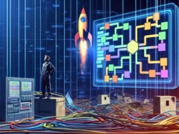 Illustration einer energiegeladenen Person im dunklen Kontrollraum mit chaotischen Kabeln, einem zentralen Airflow-Dashboard mit visualisiertem DAG und einer startenden Rakete im Hintergrund