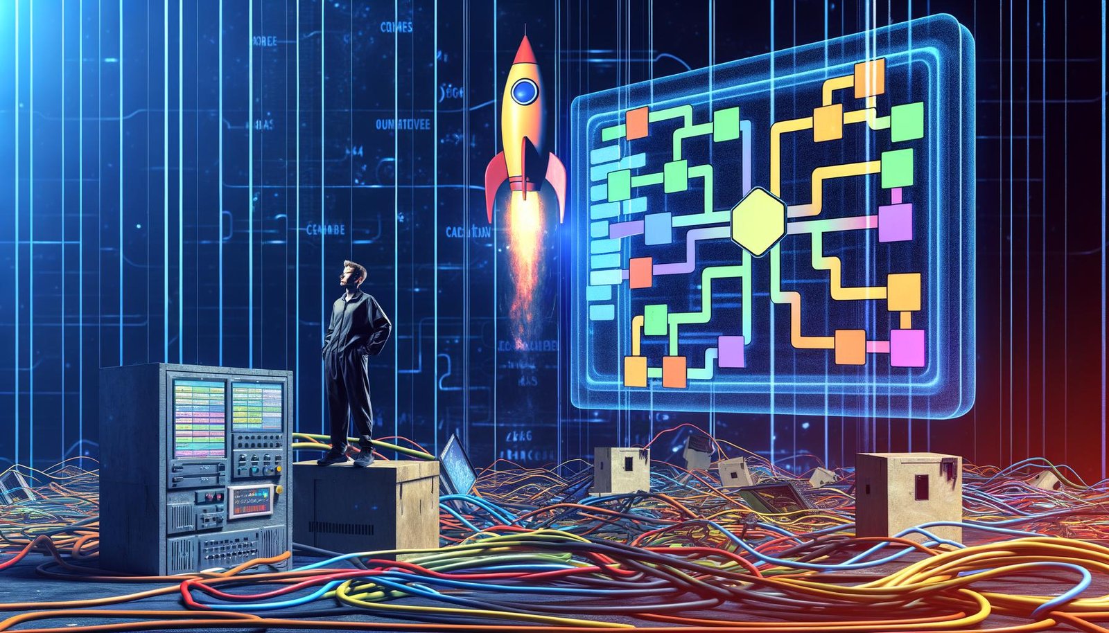 Illustration einer energiegeladenen Person im dunklen Kontrollraum mit chaotischen Kabeln, einem zentralen Airflow-Dashboard mit visualisiertem DAG und einer startenden Rakete im Hintergrund