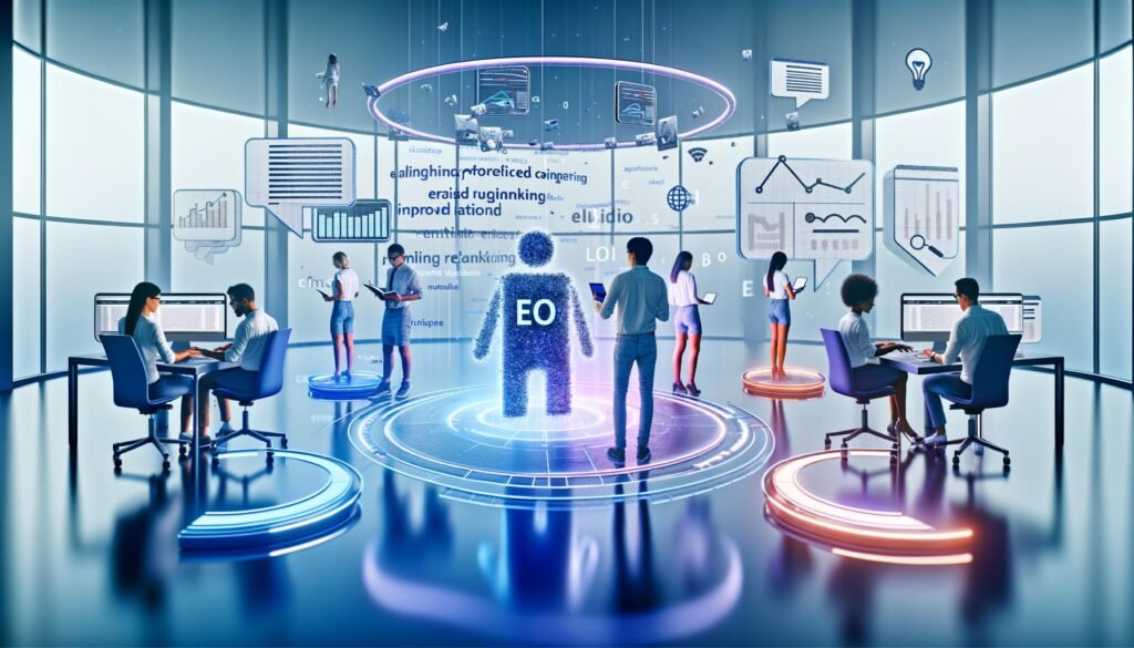 Redaktionsbüro mit vielfältigem Team, das an holografischen Interfaces arbeitet, während KI-Software in Echtzeit SEO-Inhalte und Keyword-Clouds erstellt, umgeben von moderner Technologie und Analyse-Displays.