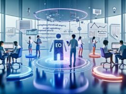 Redaktionsbüro mit vielfältigem Team, das an holografischen Interfaces arbeitet, während KI-Software in Echtzeit SEO-Inhalte und Keyword-Clouds erstellt, umgeben von moderner Technologie und Analyse-Displays.