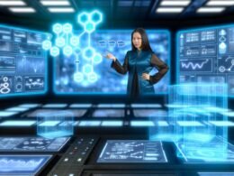 Futuristischer Kontrollraum mit Data Engineer, digitalen Bildschirmen mit Diagrammen, Datenpipelines und einer zentral schwebenden DAG-Visualisierung, blau beleuchtet, Nostalgie im Hintergrund durch alte Technik.