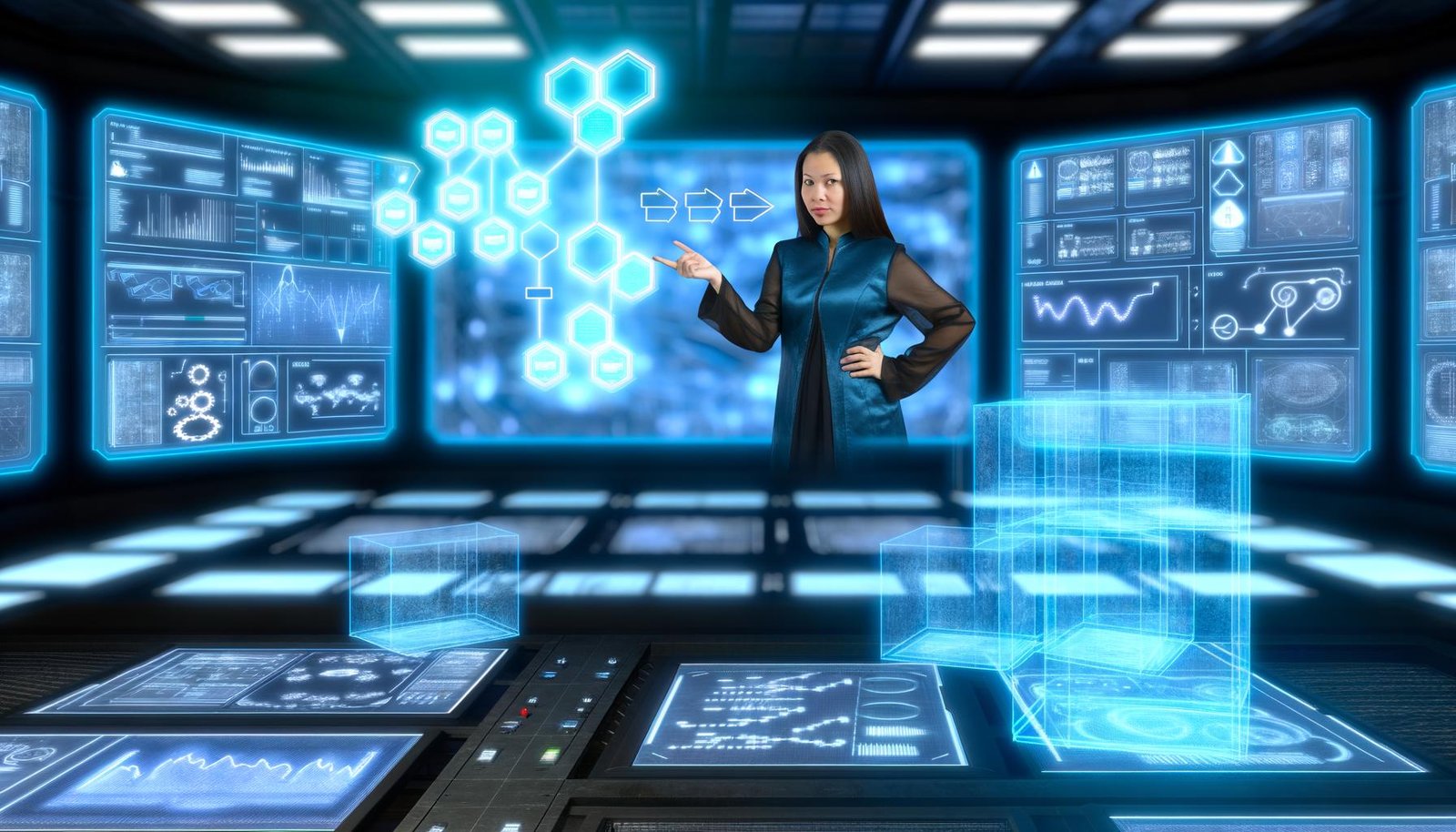 Futuristischer Kontrollraum mit Data Engineer, digitalen Bildschirmen mit Diagrammen, Datenpipelines und einer zentral schwebenden DAG-Visualisierung, blau beleuchtet, Nostalgie im Hintergrund durch alte Technik.