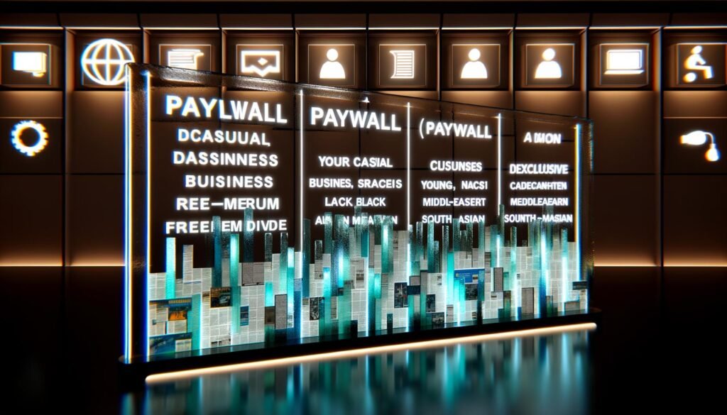 Futuristischer Newsroom mit digitaler Paywall aus Glas, diverse Leser:innen vor exklusiven Inhalten, leuchtende Paywall-Icons im Hintergrund.