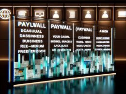 Futuristischer Newsroom mit digitaler Paywall aus Glas, diverse Leser:innen vor exklusiven Inhalten, leuchtende Paywall-Icons im Hintergrund.