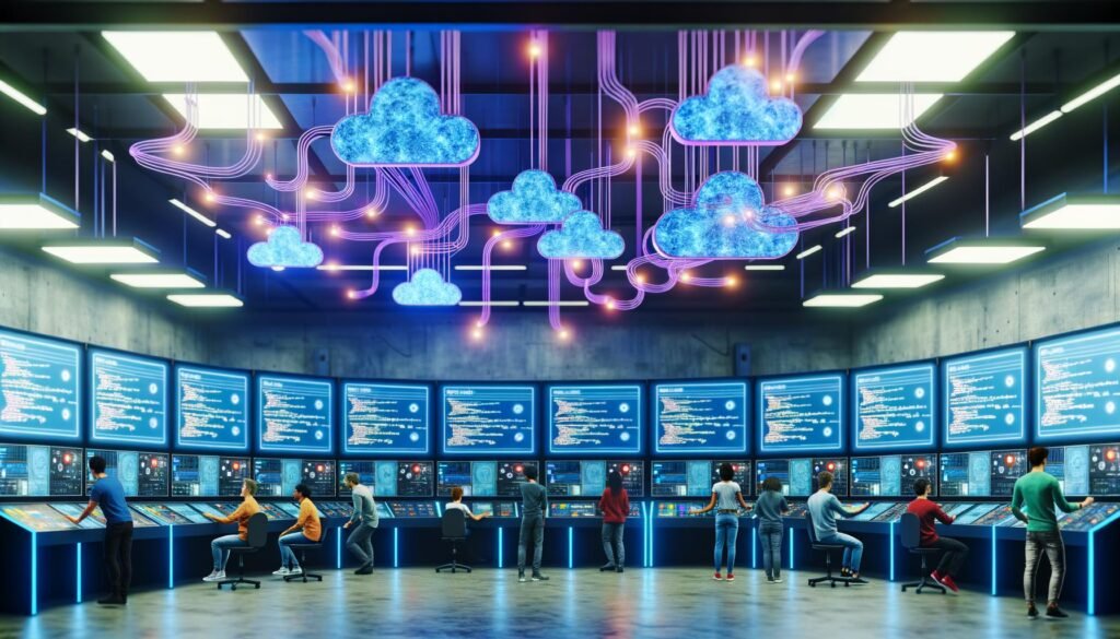 Moderner Datenkontrollraum mit Ingenieuren, digitalen Displays, Python-Code, DAG-Diagrammen und Symbolen von Cloud-Anbietern sowie Airflow-Komponenten in einem futuristischen Workspace.