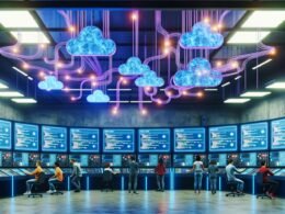 Moderner Datenkontrollraum mit Ingenieuren, digitalen Displays, Python-Code, DAG-Diagrammen und Symbolen von Cloud-Anbietern sowie Airflow-Komponenten in einem futuristischen Workspace.