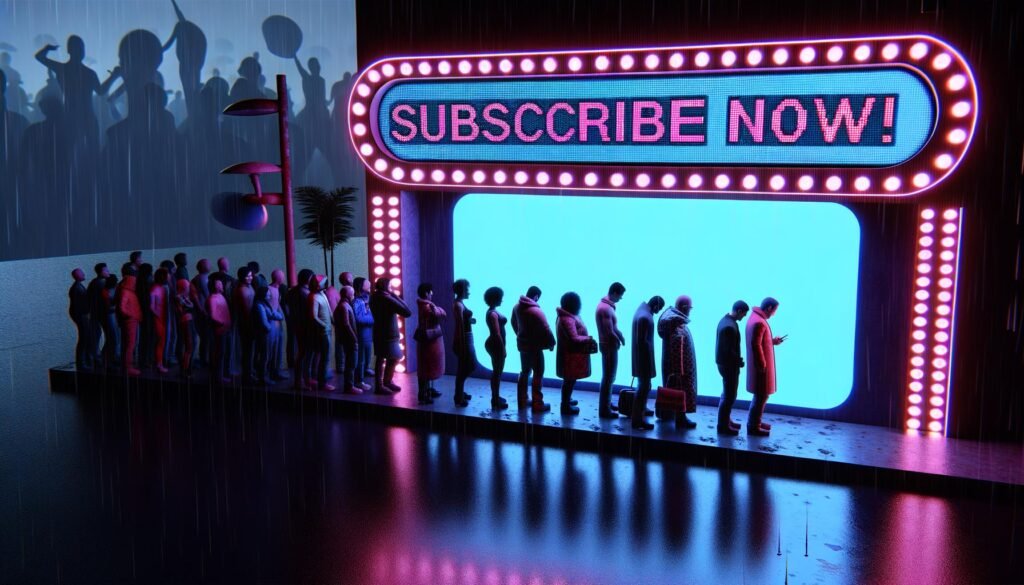 Illustration einer Menschenschlange vor modernem Club mit digitalem Türsteher, leuchtenden Bildschirmen und einem Schild 'Jetzt abonnieren, sonst liest du nur die Überschrift'.