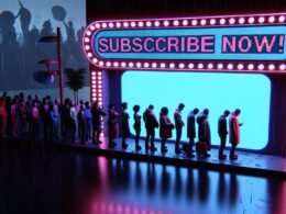 Illustration einer Menschenschlange vor modernem Club mit digitalem Türsteher, leuchtenden Bildschirmen und einem Schild 'Jetzt abonnieren, sonst liest du nur die Überschrift'.