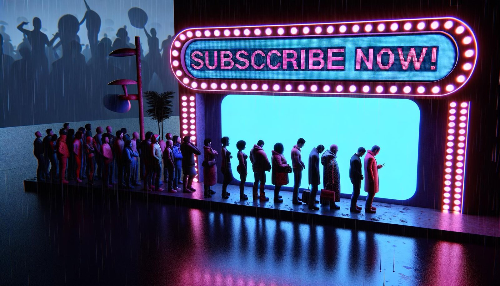 Illustration einer Menschenschlange vor modernem Club mit digitalem Türsteher, leuchtenden Bildschirmen und einem Schild 'Jetzt abonnieren, sonst liest du nur die Überschrift'.