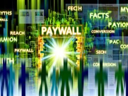 Futuristische Illustration eines digitalen Dschungels mit leuchtender Bezahlschranke, Schlagworten und Silhouetten von Menschen vor und hinter dem Zugang.