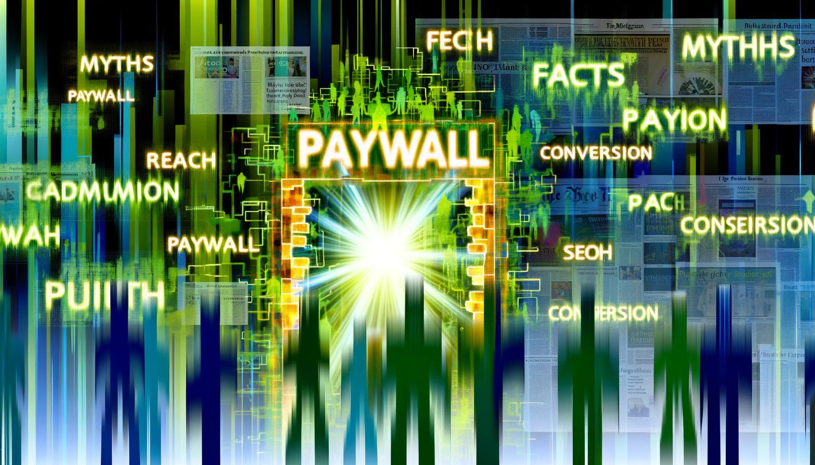 Futuristische Illustration eines digitalen Dschungels mit leuchtender Bezahlschranke, Schlagworten und Silhouetten von Menschen vor und hinter dem Zugang.