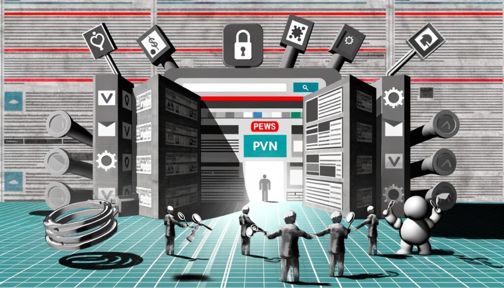 Provokante Magazin-Illustration eines Nachrichtenportals, abgeschirmt durch digitale Paywalls, mit frustrierten Usern, Verlagstürmen, VPN- und Adblocker-Symbolen, sowie Social-Media- und Suchmaschinen-Logos.