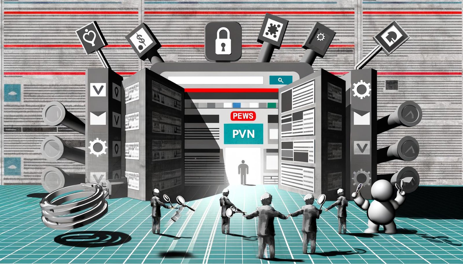 Provokante Magazin-Illustration eines Nachrichtenportals, abgeschirmt durch digitale Paywalls, mit frustrierten Usern, Verlagstürmen, VPN- und Adblocker-Symbolen, sowie Social-Media- und Suchmaschinen-Logos.