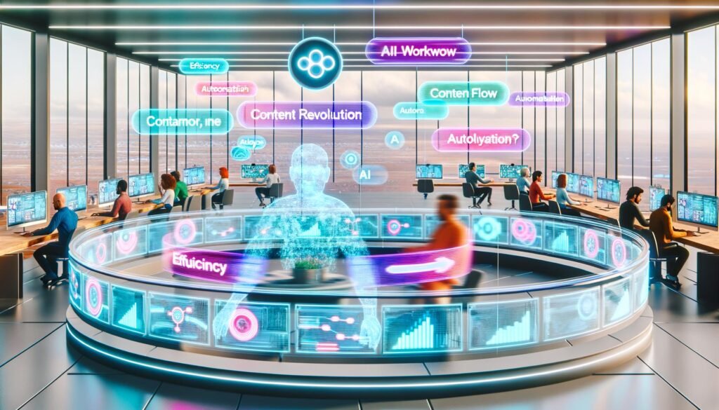 Futuristische Redaktion mit KI-Avataren, holografischen Interfaces und modernen Datenströmen in einem offenen, dynamischen Raum