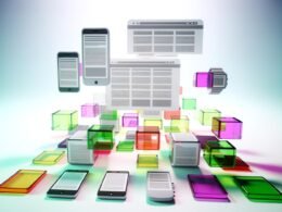 Abstrakte Visualisierung einer responsiven Website mit bunten, schwebenden Content-Modulen vor Umrissen von Smartphone, Tablet, Desktop und Smartwatch.