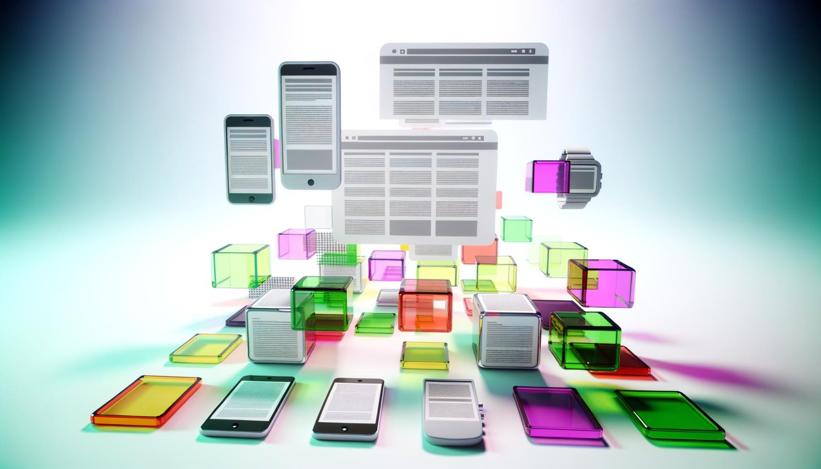 Abstrakte Visualisierung einer responsiven Website mit bunten, schwebenden Content-Modulen vor Umrissen von Smartphone, Tablet, Desktop und Smartwatch.