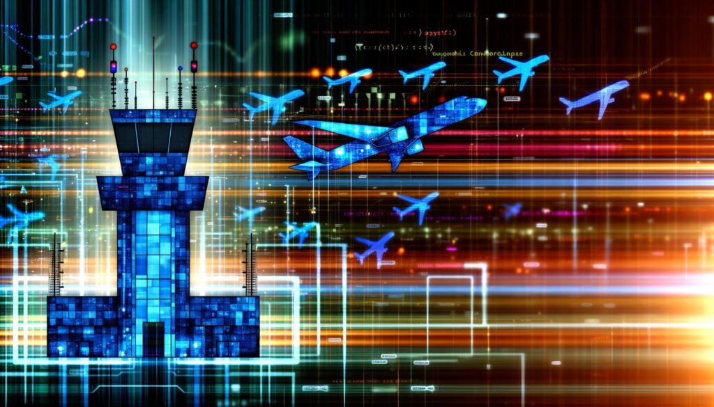 Modernes abstraktes Titelbild mit stilisiertem Kontrollturm als Symbol für Datenmanagement, farbigen Datenpipelines als Flugzeuge und digitalen Datenströmen mit Airflow-Elementen.