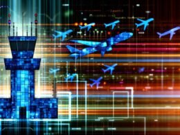 Modernes abstraktes Titelbild mit stilisiertem Kontrollturm als Symbol für Datenmanagement, farbigen Datenpipelines als Flugzeuge und digitalen Datenströmen mit Airflow-Elementen.