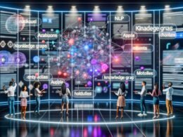 Futuristisches Kontrollzentrum mit digitalen Displays, abstrakten Datenströmen, Wissensgraphen, vernetzten Topic-Clustern, Marketing- und Technologie-Expert:innen und holografischen Begriffen wie NLP und API im Hintergrund.