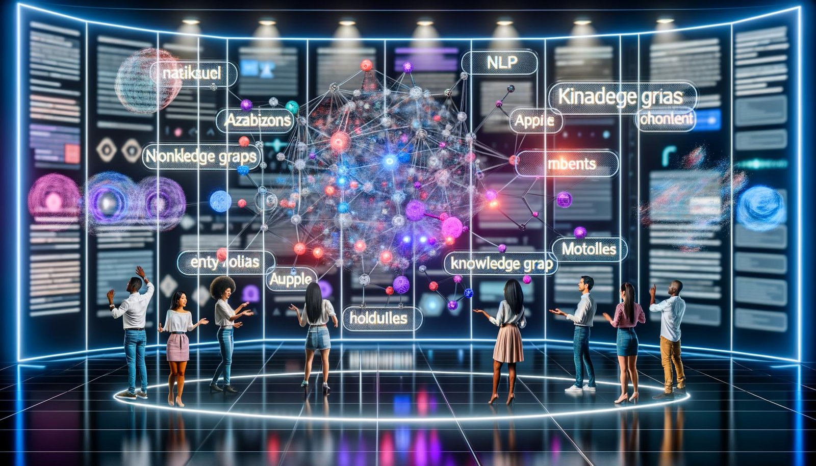 Futuristisches Kontrollzentrum mit digitalen Displays, abstrakten Datenströmen, Wissensgraphen, vernetzten Topic-Clustern, Marketing- und Technologie-Expert:innen und holografischen Begriffen wie NLP und API im Hintergrund.