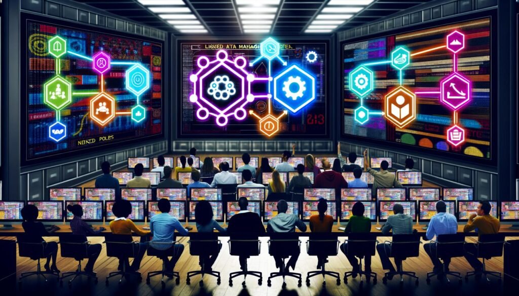 Technologisch fortschrittlicher Kontrollraum mit Airflow-Dashboards, auf denen Marketing-Datenpipelines sichtbar sind, während Teams aus Marketern und Data Engineers zusammenarbeiten.