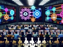 Technologisch fortschrittlicher Kontrollraum mit Airflow-Dashboards, auf denen Marketing-Datenpipelines sichtbar sind, während Teams aus Marketern und Data Engineers zusammenarbeiten.