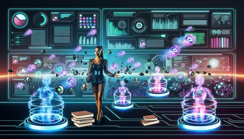 Futuristisches Kontrollzentrum mit Content-Strategin, KI-generierten Inhalten, holografischen Dashboards und digitalen Assistenten vor leuchtendem Datenuniversum.