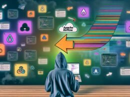 Workflow-Magier in moderner Kleidung gestaltet am Laptop einen Apache Airflow-DAG, umgeben von bunten Datenströmen und Workflow-Symbolen in einer digitalen, humorvollen Atmosphäre.