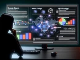 Person arbeitet an einem modernen, dunklen SEO-Dashboard mit komplexen Datenvisualisierungen, Entitäten-Analyse und Netzwerkdiagrammen. Überlagerte Begriffe und dezente Icons bekannter SEO-Tools sind zu sehen.