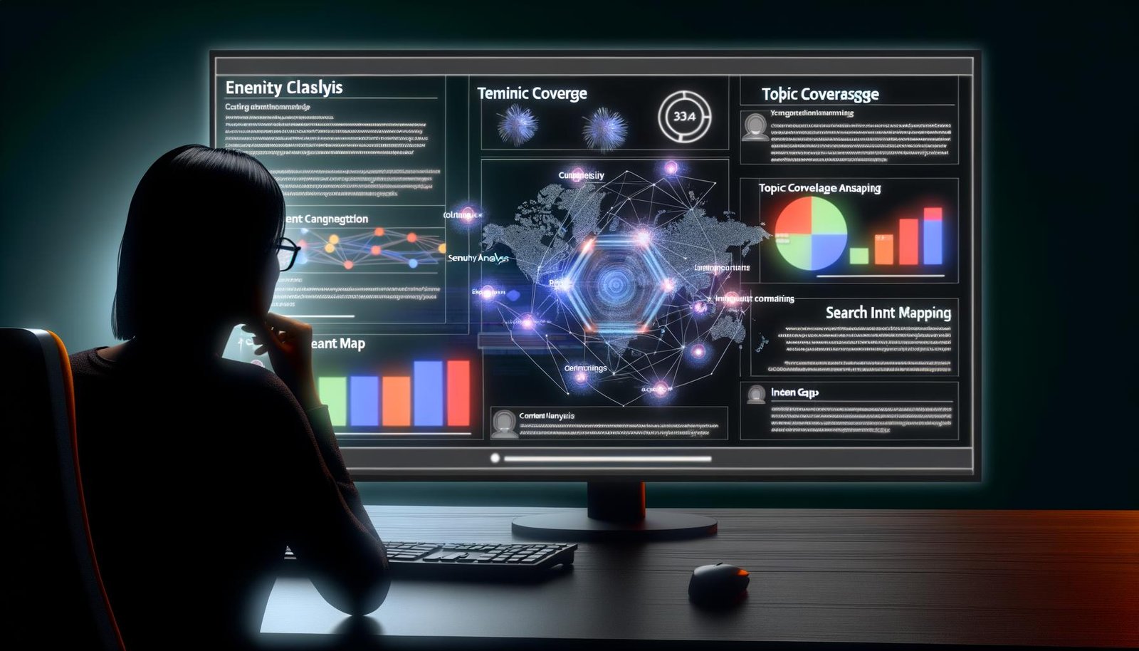 Person arbeitet an einem modernen, dunklen SEO-Dashboard mit komplexen Datenvisualisierungen, Entitäten-Analyse und Netzwerkdiagrammen. Überlagerte Begriffe und dezente Icons bekannter SEO-Tools sind zu sehen.